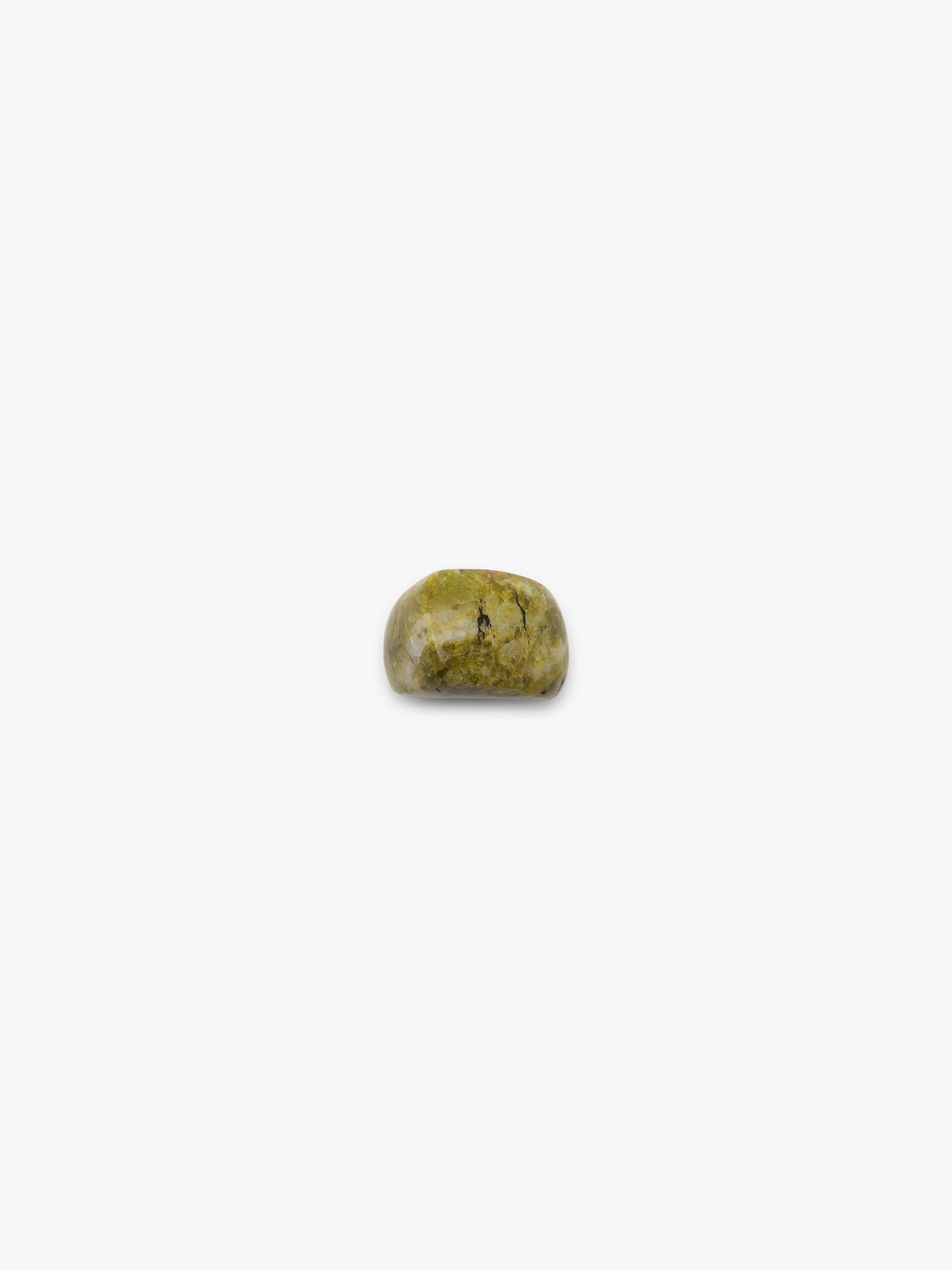 A small polished olive green ring cabochon with natural marbling, centered on a plain white background.