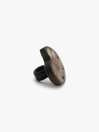 Ring: ammonite, bog oak, leather