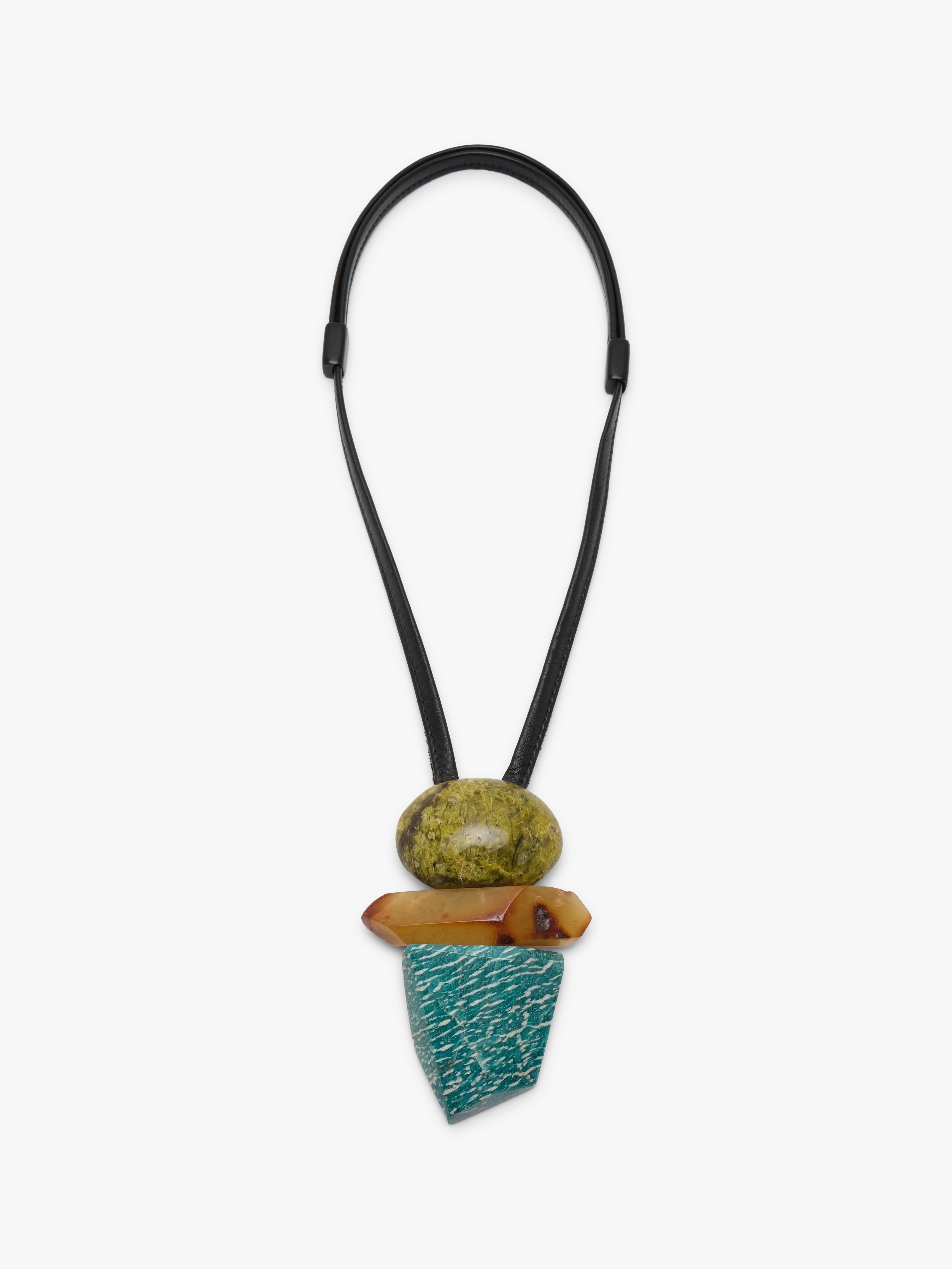 Leather cord pendant with a stone cluster of stones in greed, orange and blue with white stripes. Displayed on a white background