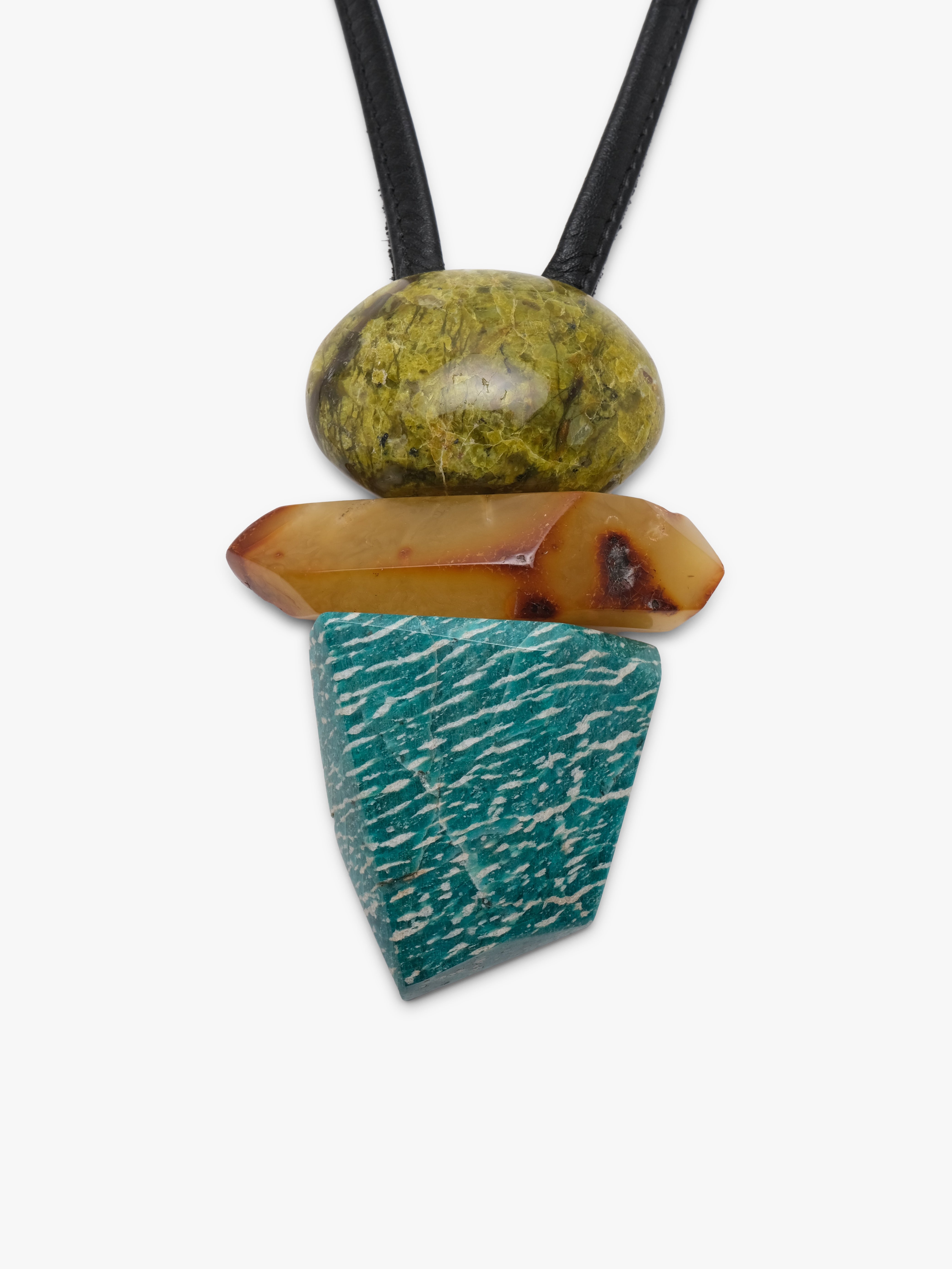 Leather cord pendant with a stone cluster of stones in greed, orange and blue with white stripes. Displayed on a white background