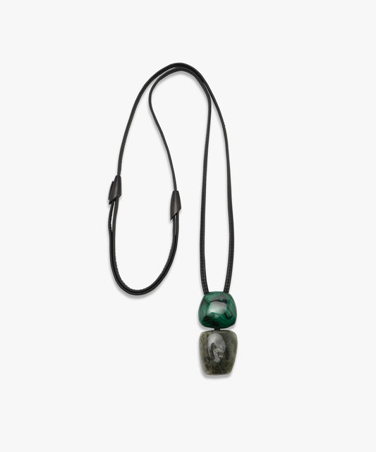 Pendant: prehnite, malachite, leather