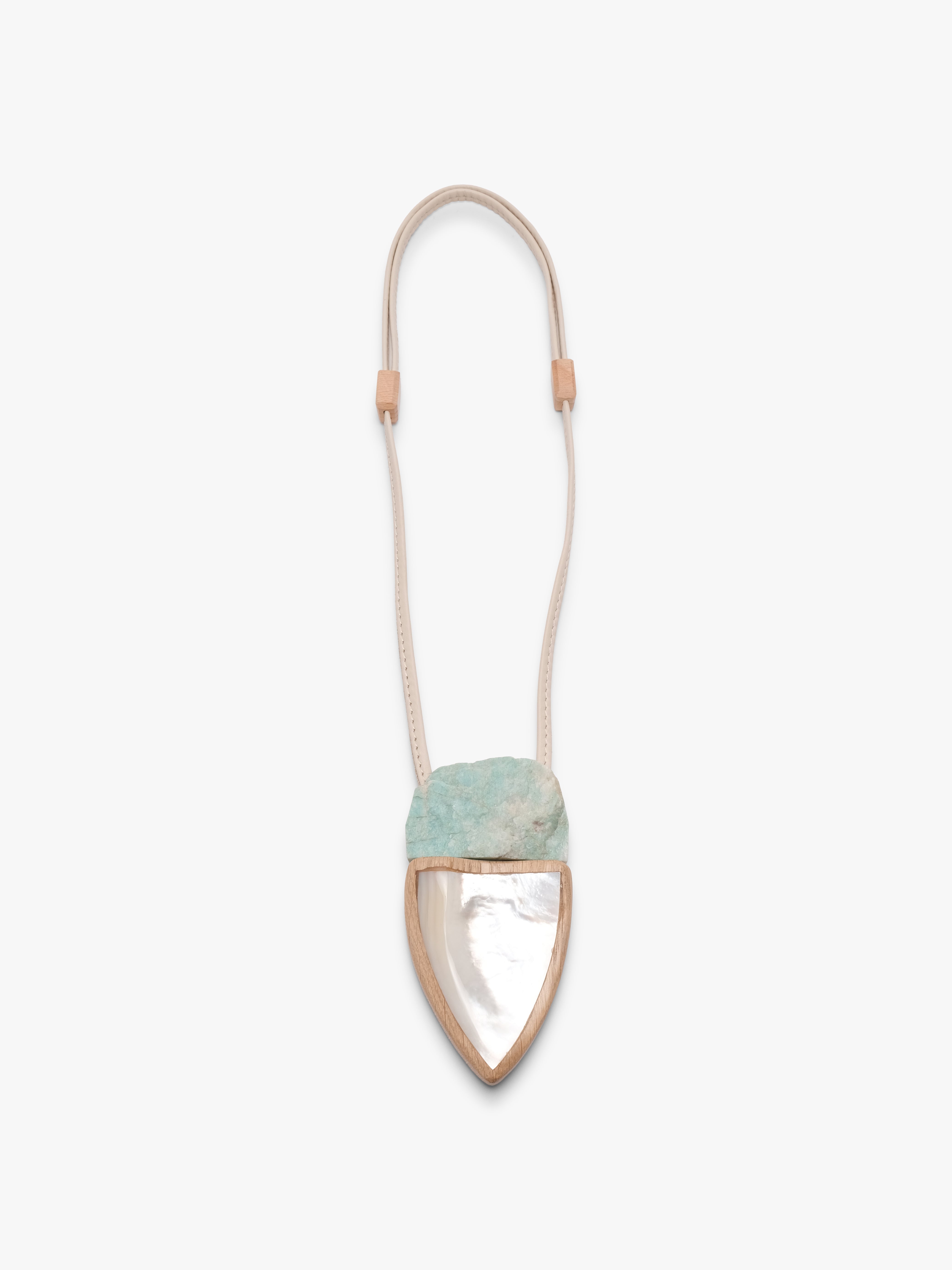 Pendant: mother of pearl, amazonite, oak