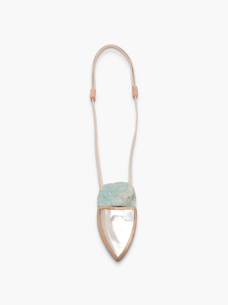 Pendant: mother of pearl, amazonite, oak