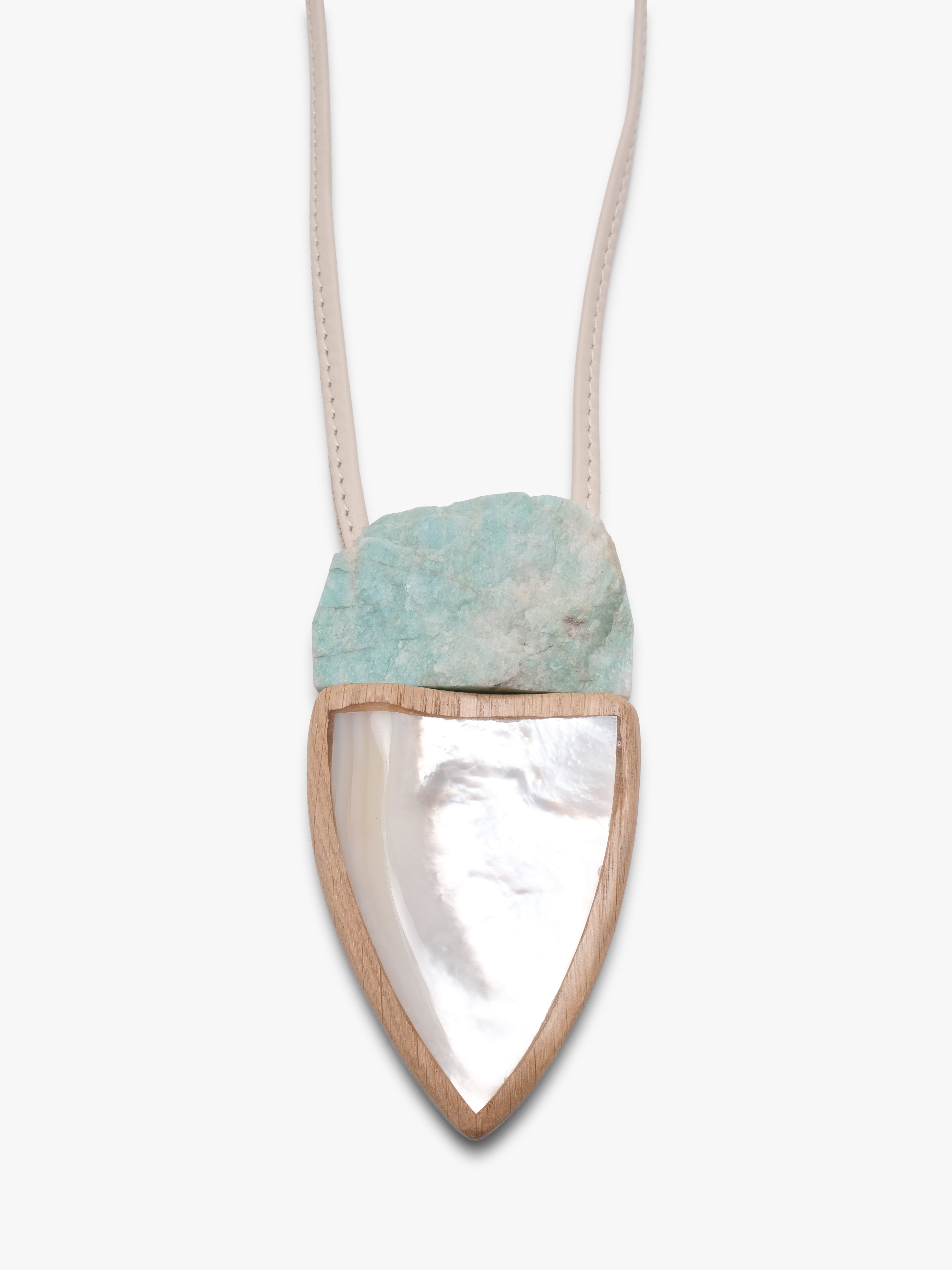 Pendant: mother of pearl, amazonite, oak