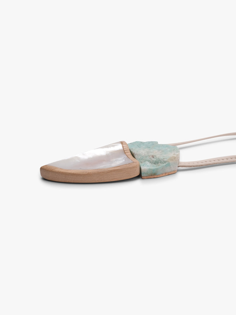 Pendant: mother of pearl, amazonite, oak