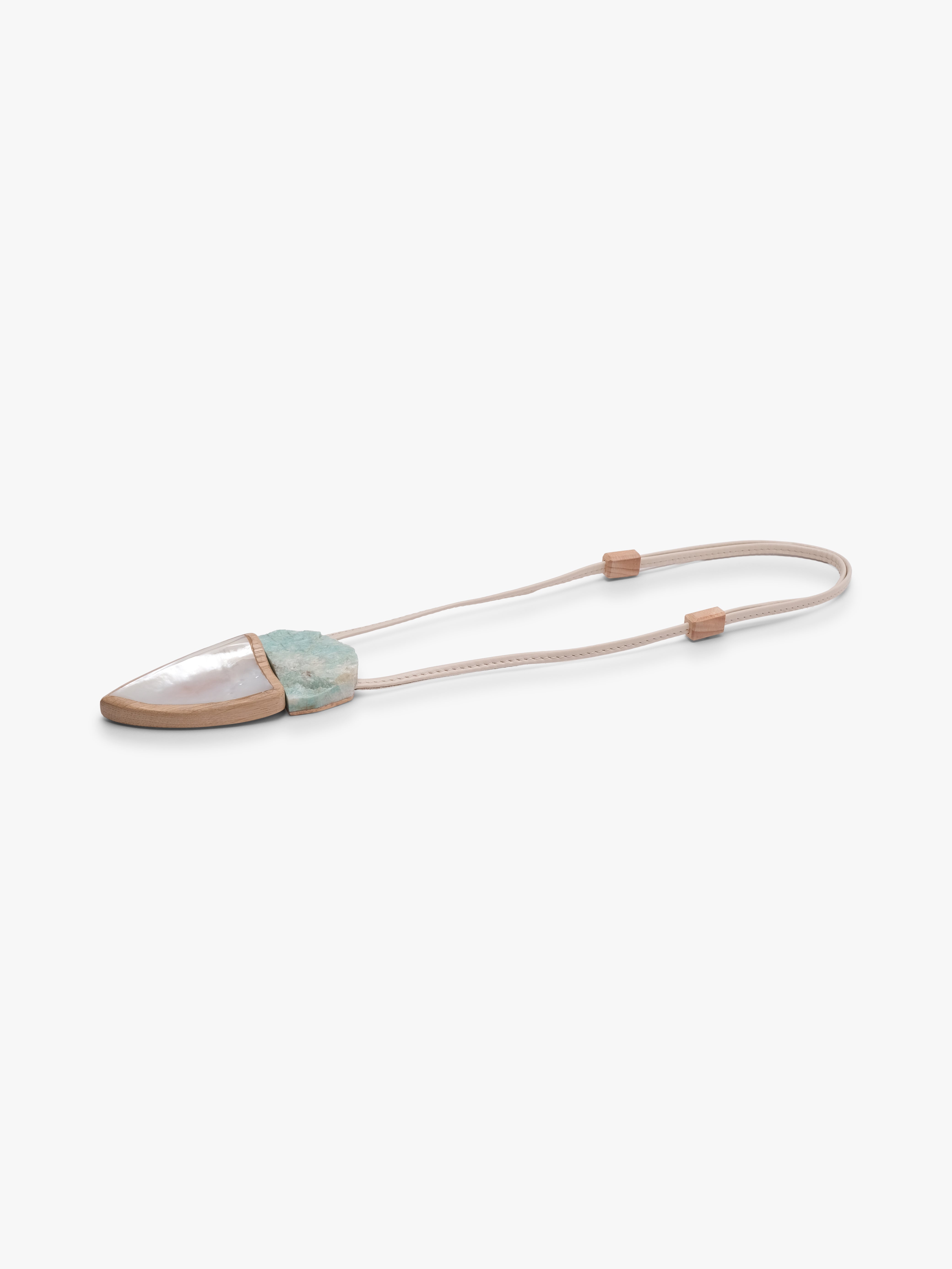 Pendant: mother of pearl, amazonite, oak