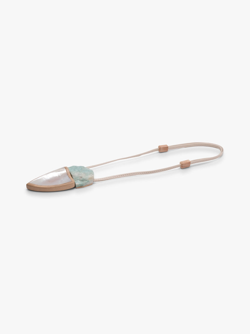 Pendant: mother of pearl, amazonite, oak