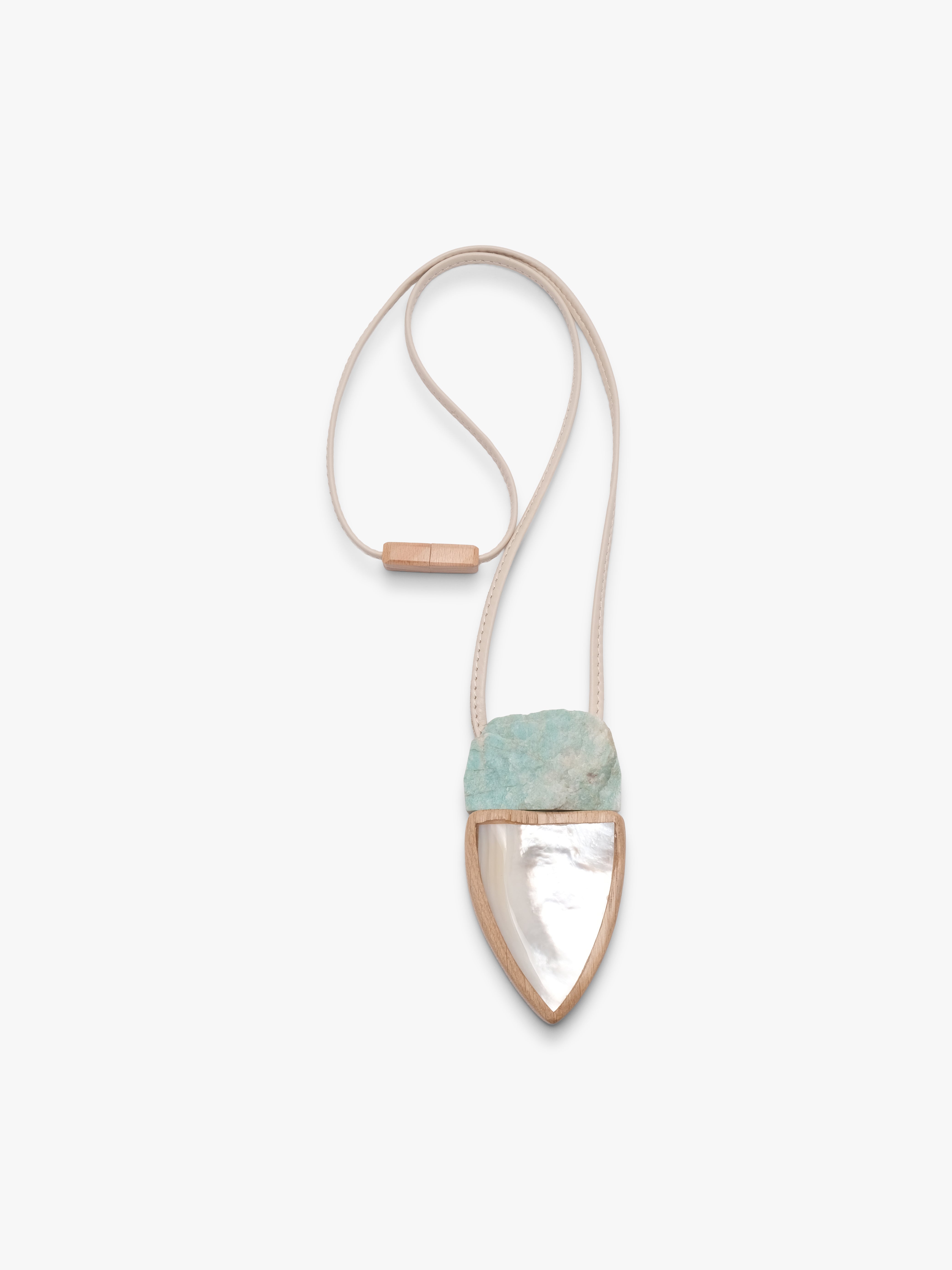 Pendant: mother of pearl, amazonite, oak