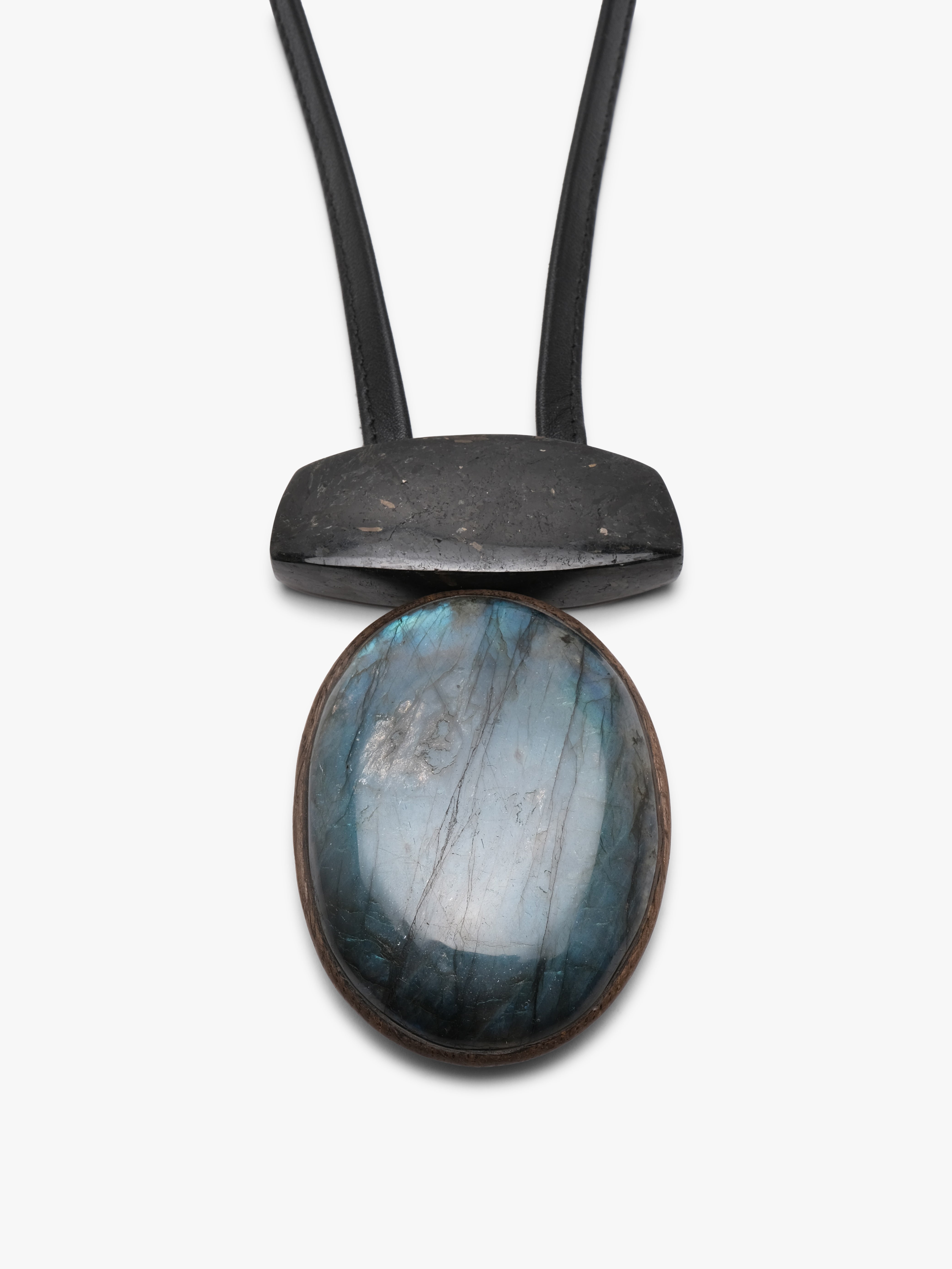 Pendant: labradorite, bog oak, nuummite