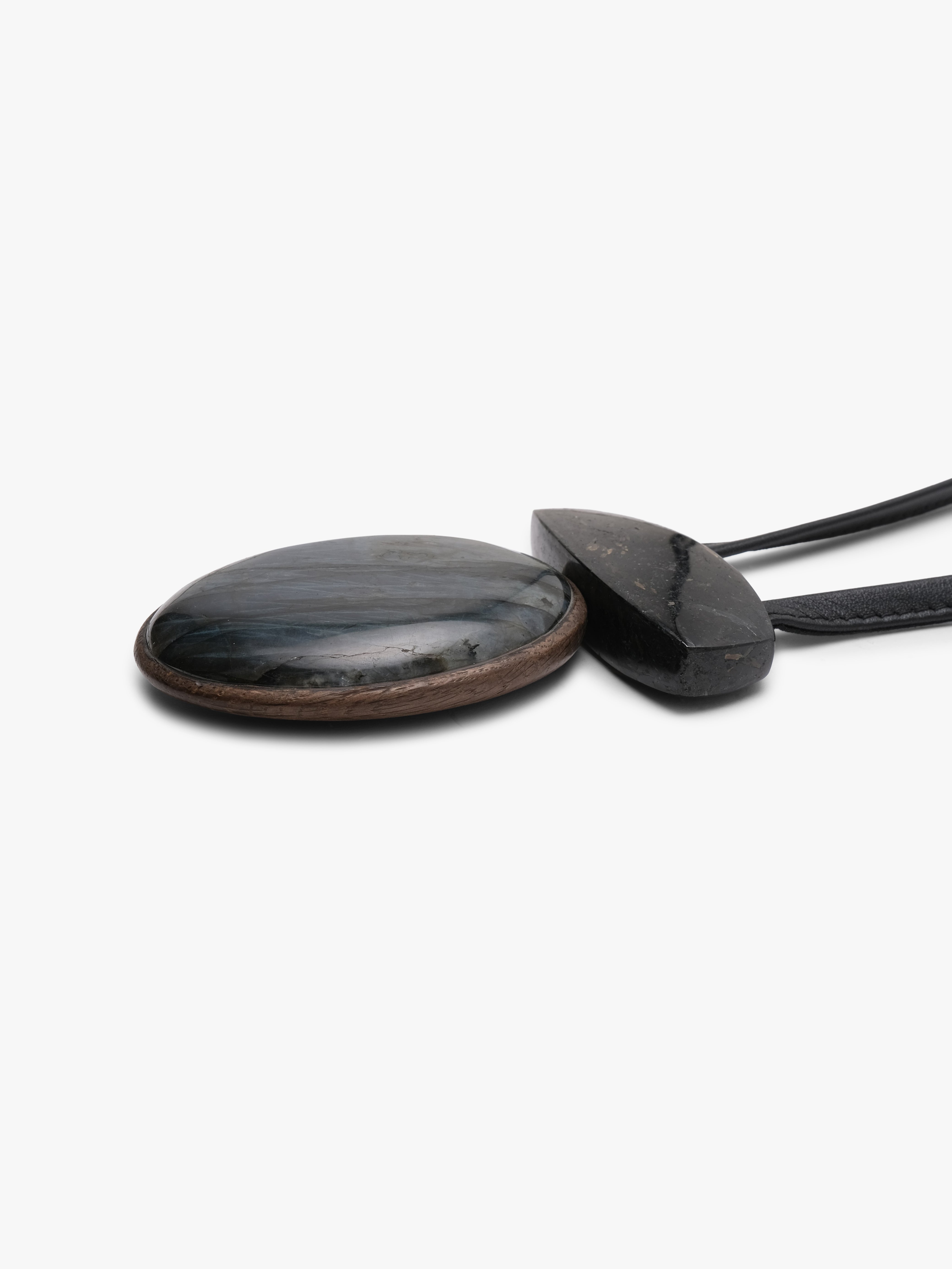 Pendant: labradorite, bog oak, nuummite