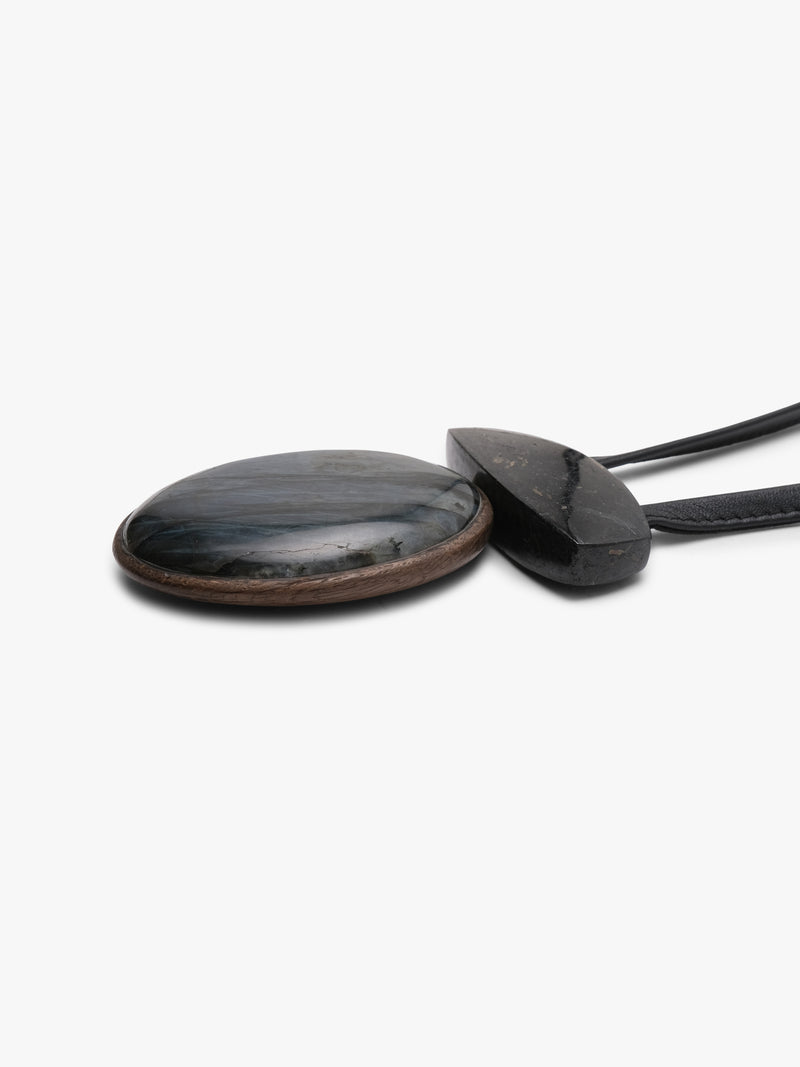 Pendant: labradorite, bog oak, nuummite