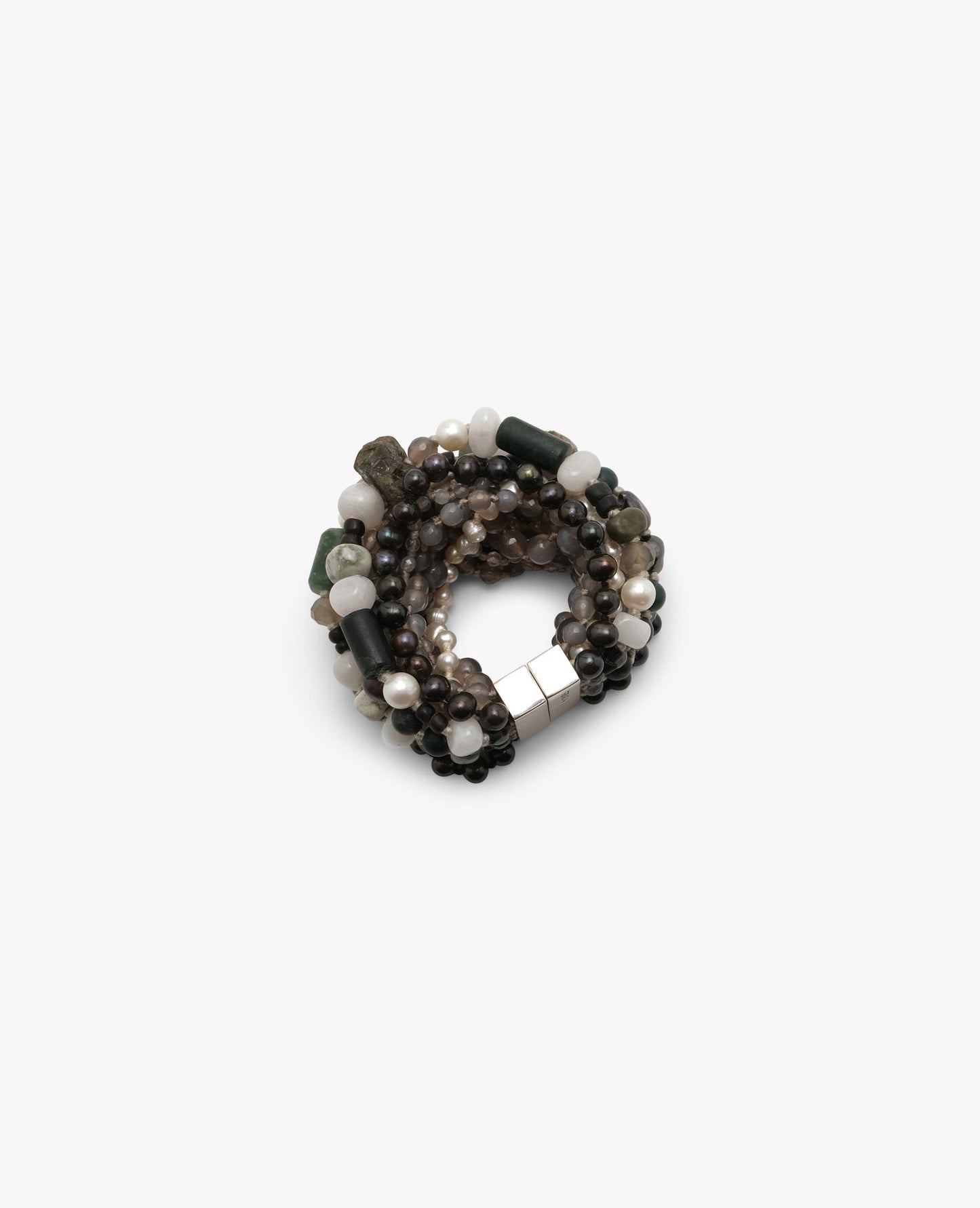 Bracelet: pearls, rhodonite, moonstone, jade, silver