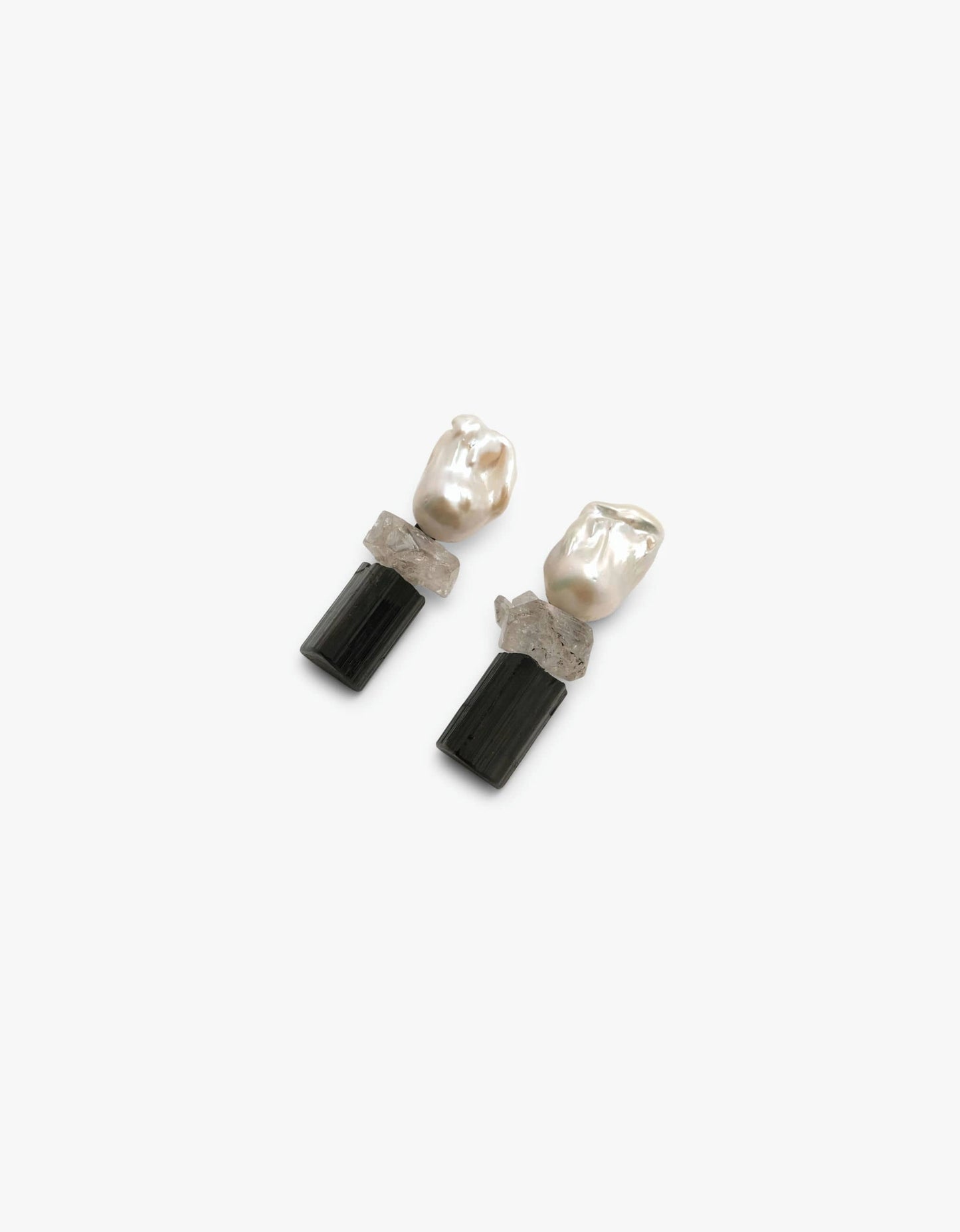 Earclips: baroque pearls, diamond quartz, tourmaline