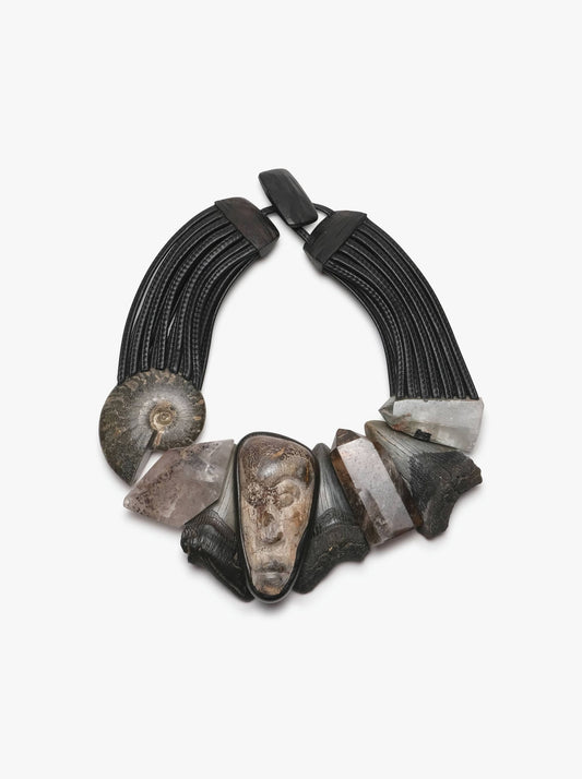 Necklace: prehistoric shark tooth, crystal, leather