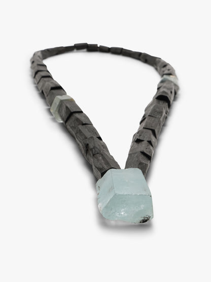 Necklace, aquamarine, ebony