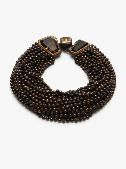 Necklace: brown pearls, topaz, citrin, rosewood, 24 carat gold