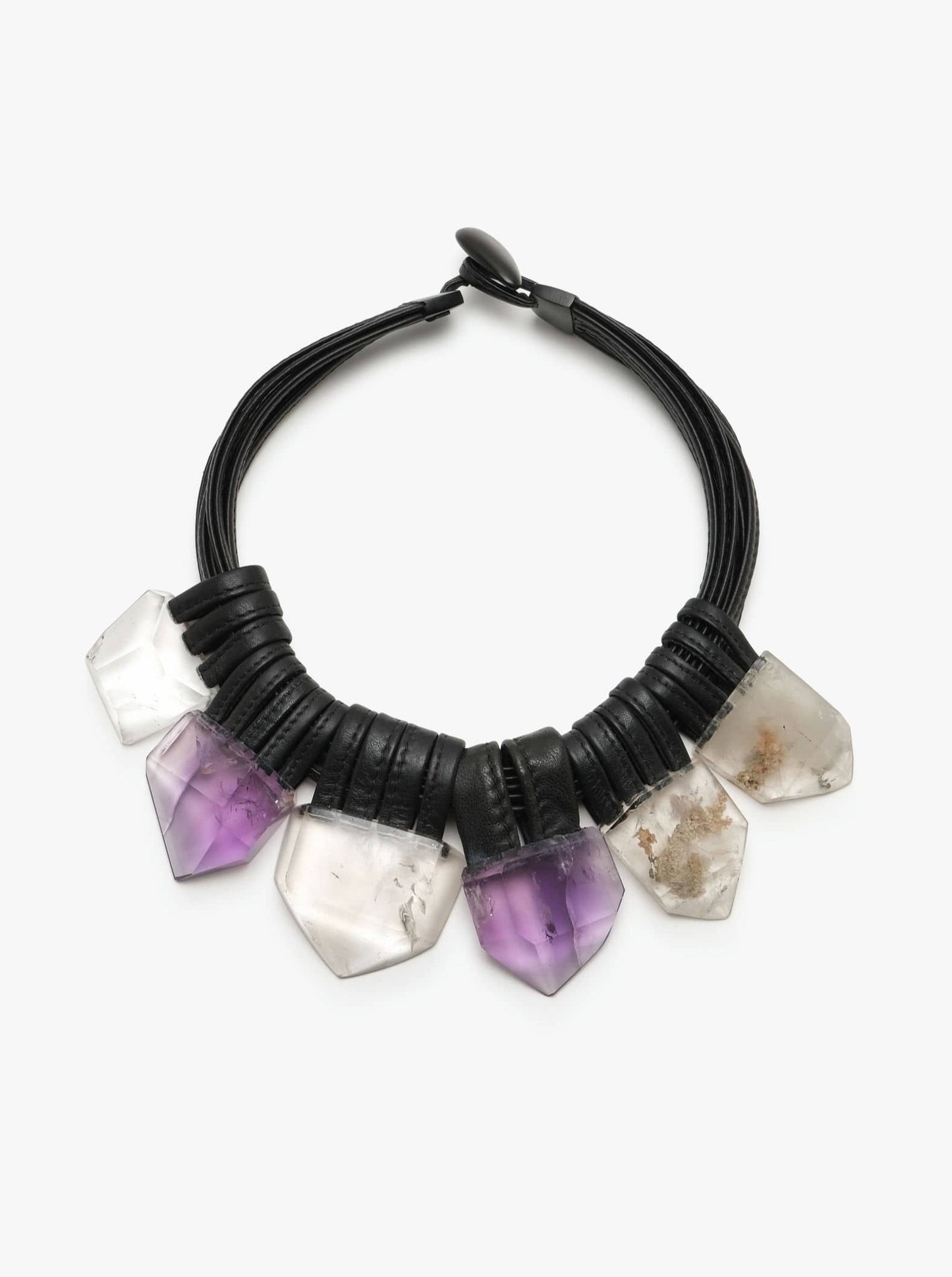 Necklace: mountain crystal, leather, rutilated quartz