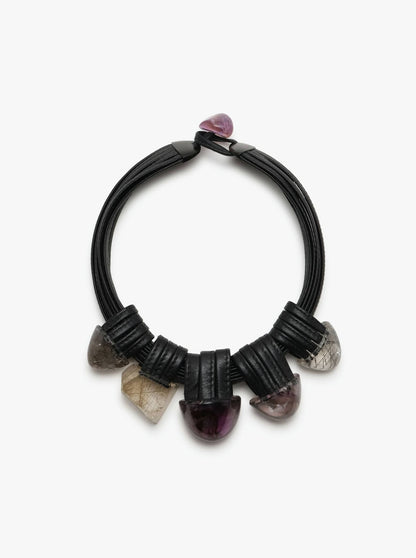 Necklace: amethyst, ruthilated quartz, leather