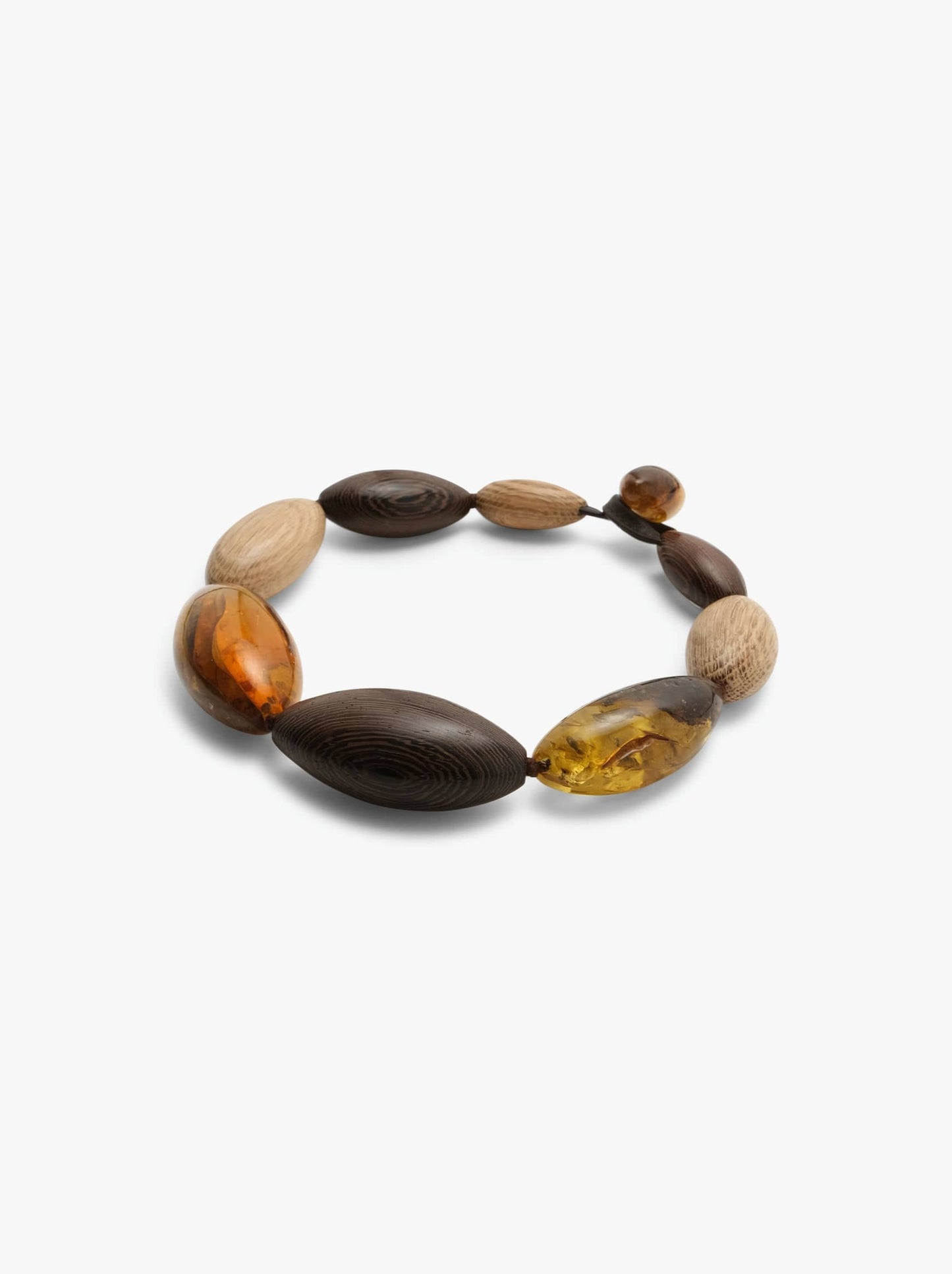 Necklace: amber, oak, wengé wood