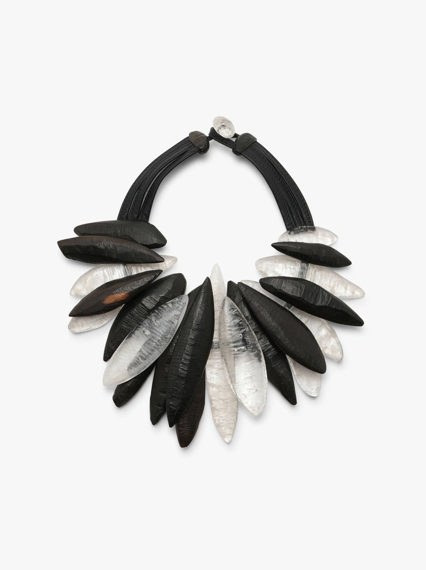 Necklace: leather, ebony, greencast acrylic