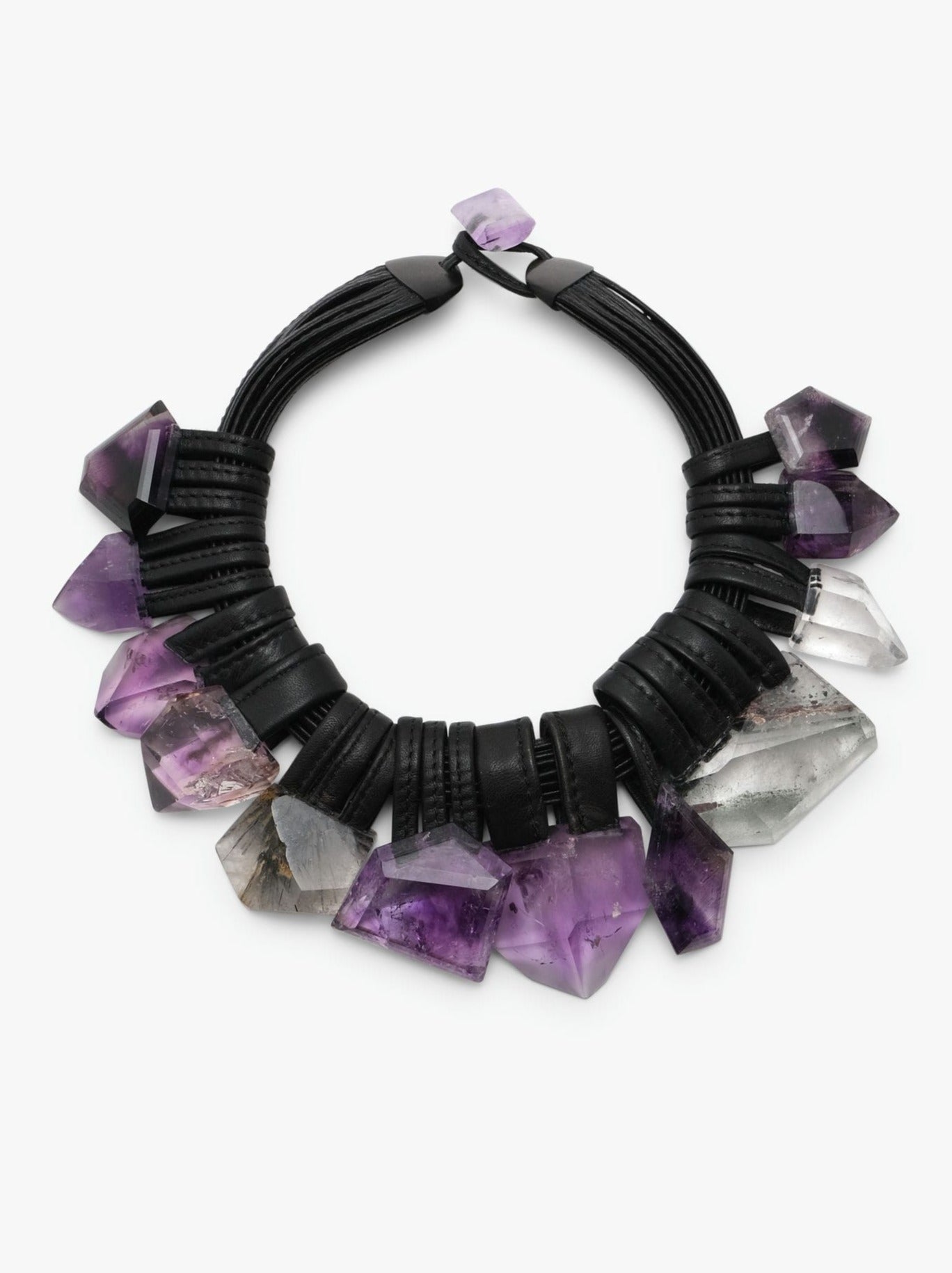 Necklace: leather, amethyst, rutilated quartz