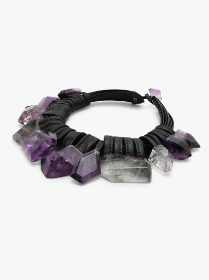 Necklace: leather, amethyst, rutilated quartz