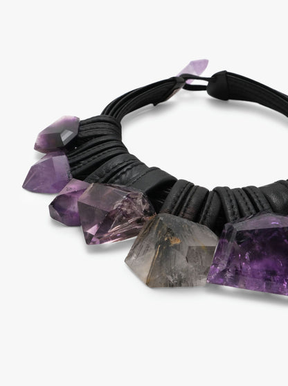 Necklace: leather, amethyst, rutilated quartz