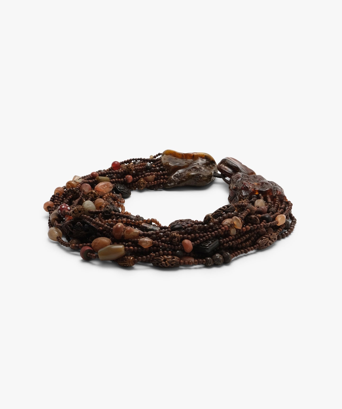 Necklace: amber, antic bone, agate, carneol, rose wood