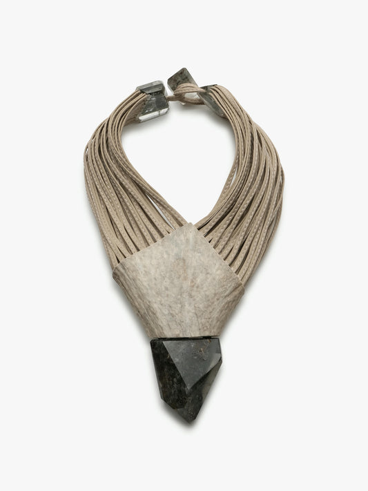 Necklace: garden quartz, antler, leather