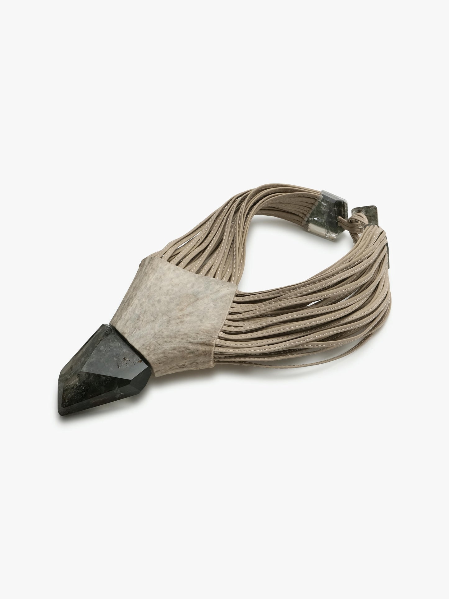 Necklace: garden quartz, antler, leather