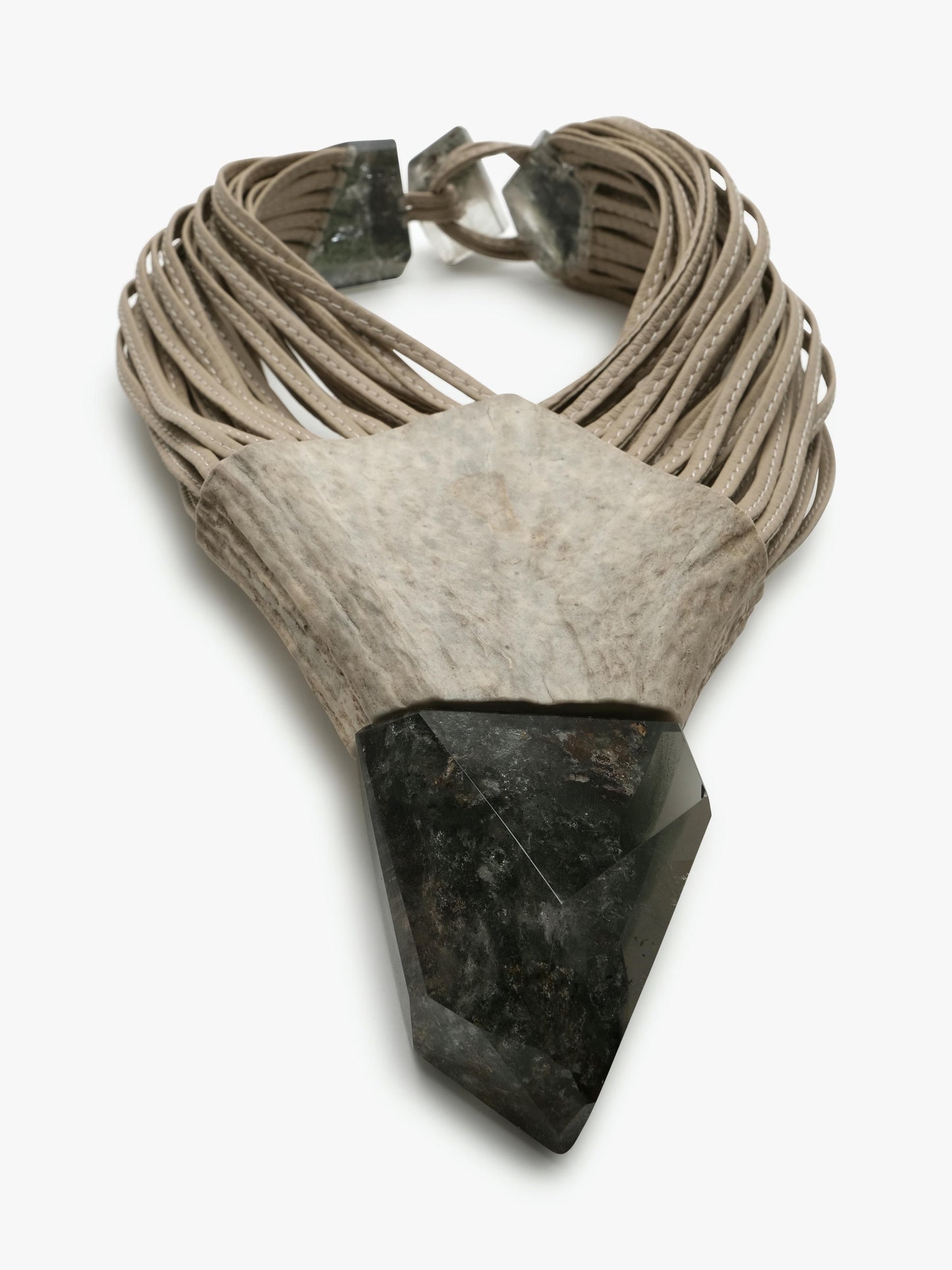 Necklace: garden quartz, antler, leather