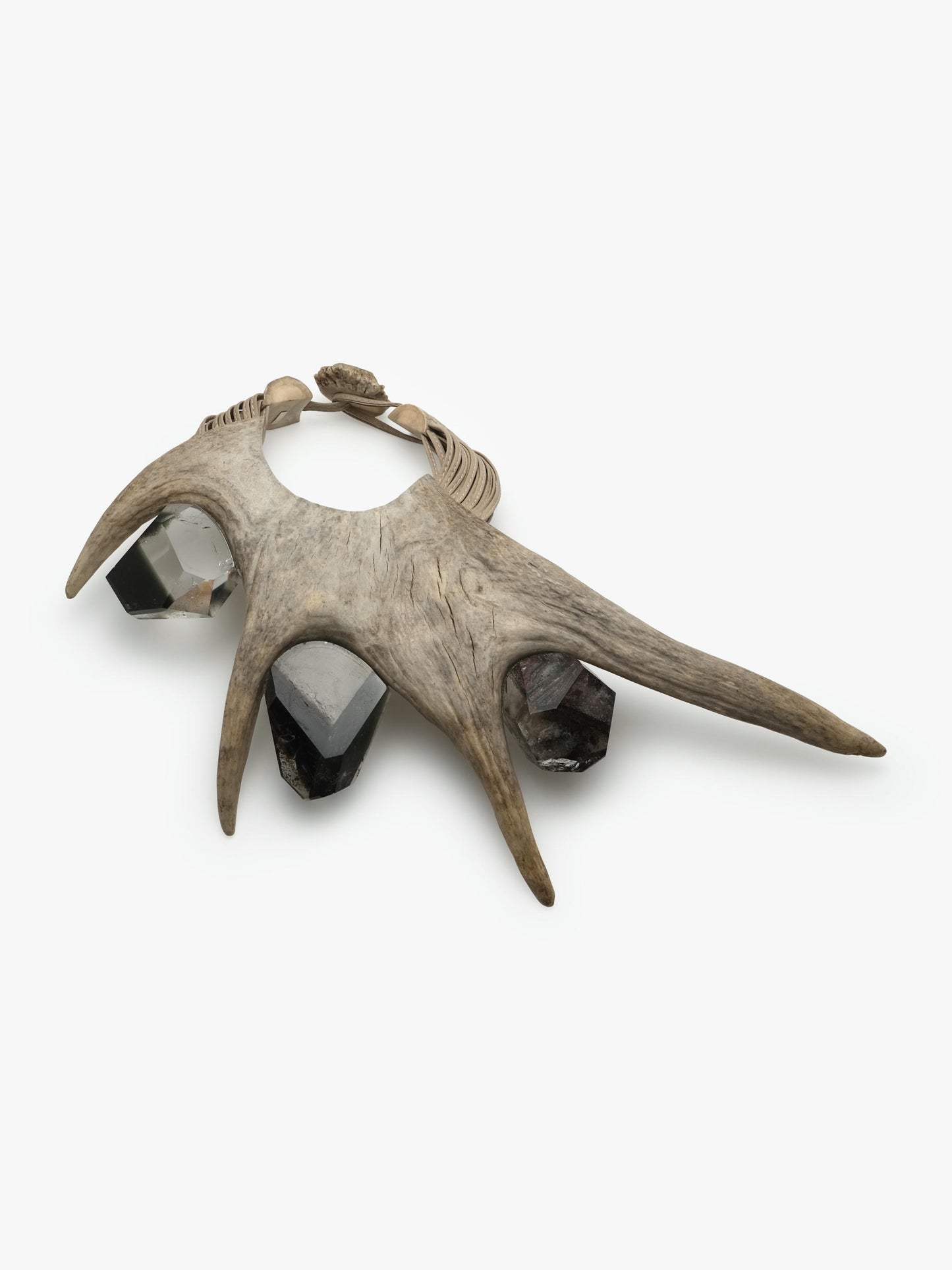 Necklace: antler, garden quartz, leather