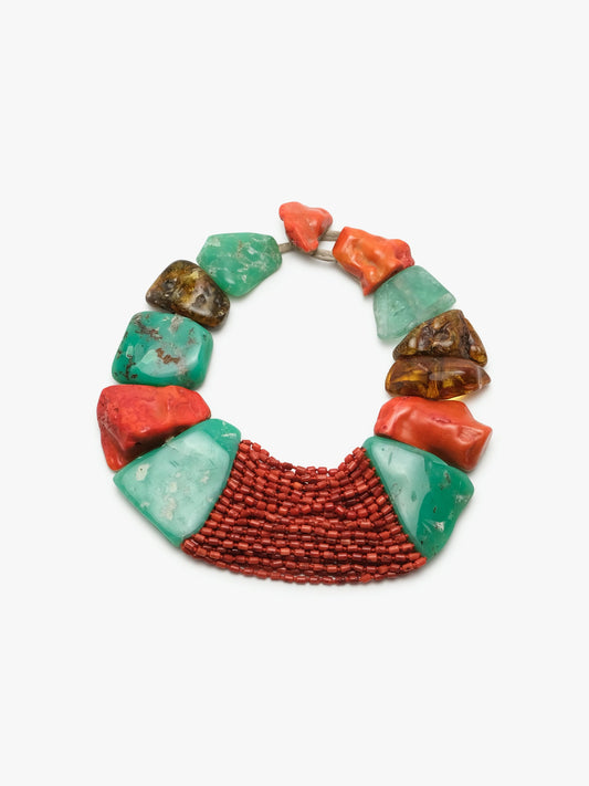 Necklace: amber, chrysoprase, coral