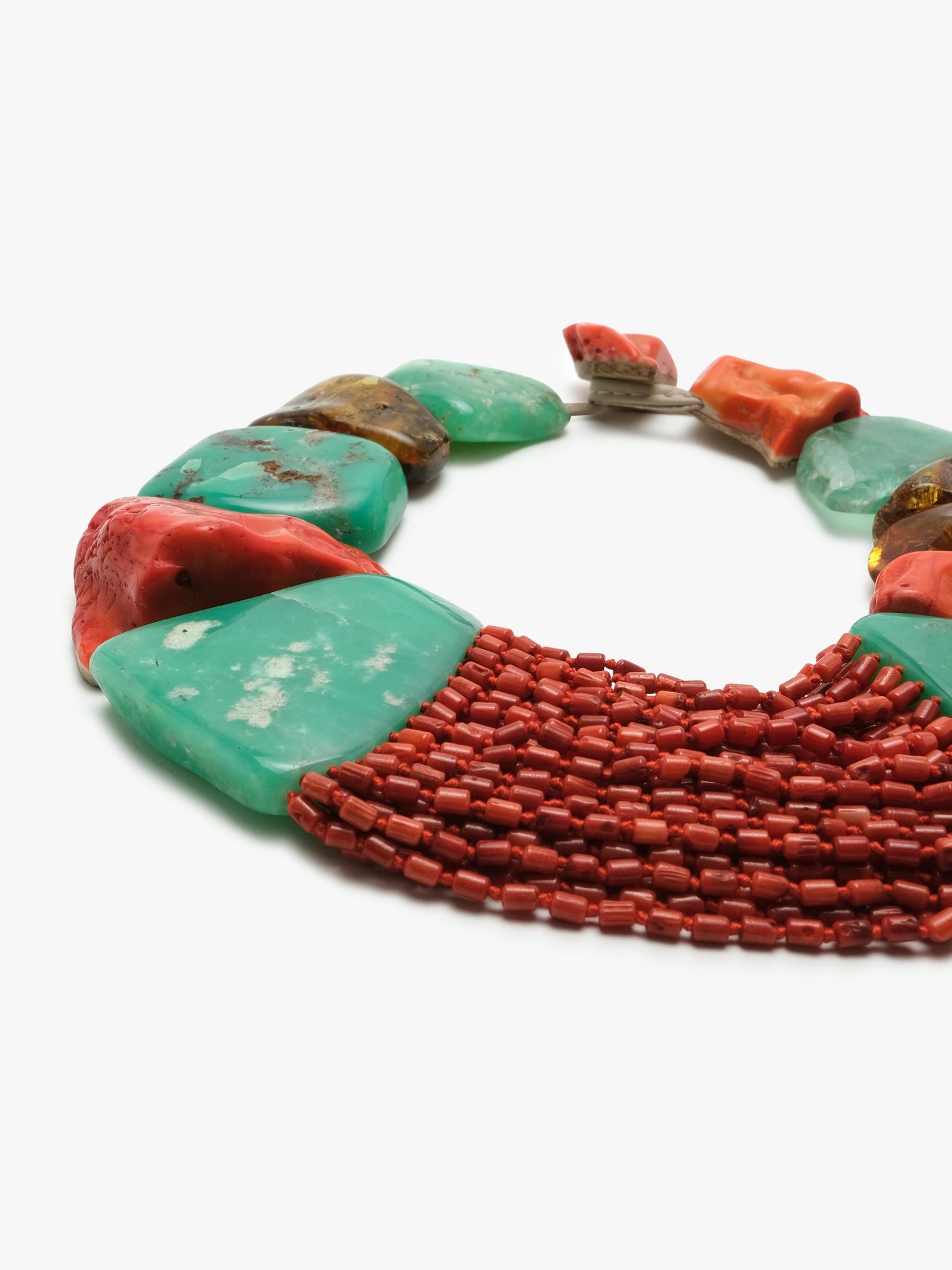 Necklace: amber, chrysoprase, coral