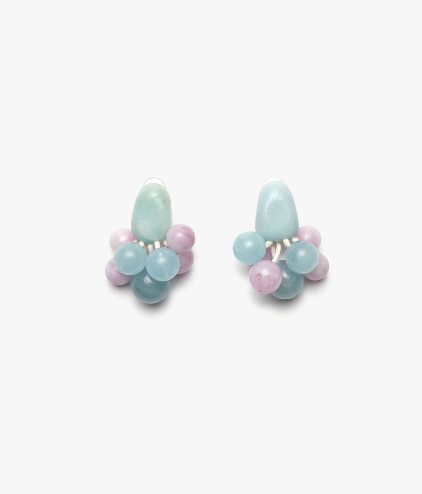 Earrings in aquamarine, chrome calcedone, lavender kunzite