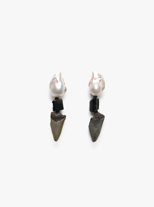 Earring: Shark tooth, pearl and tourmaline