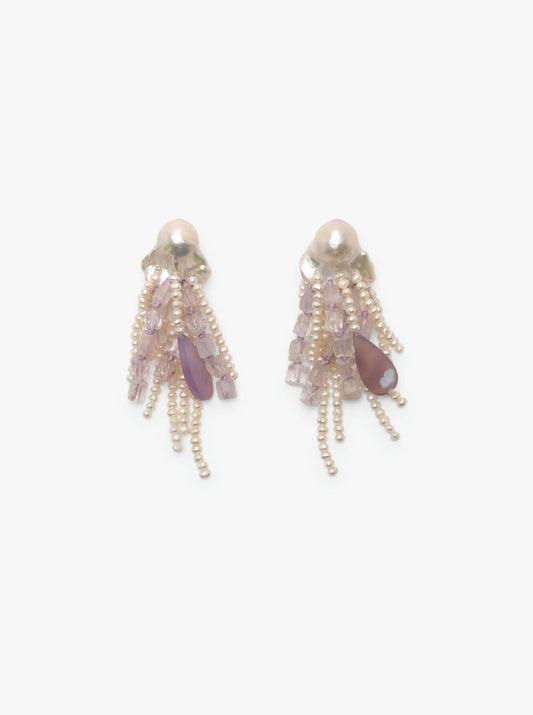 Earclips: baroque pearl, freshwater pearls, amethyst