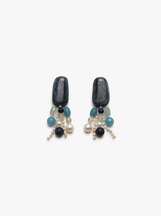 Stud earrings: kyanite, freshwater pearls, prehnite