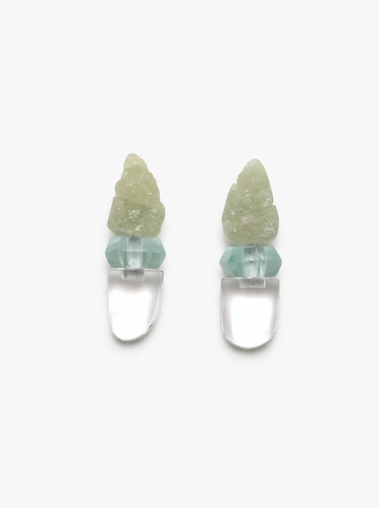 Earclips: mountain crystal, prehnite, glass