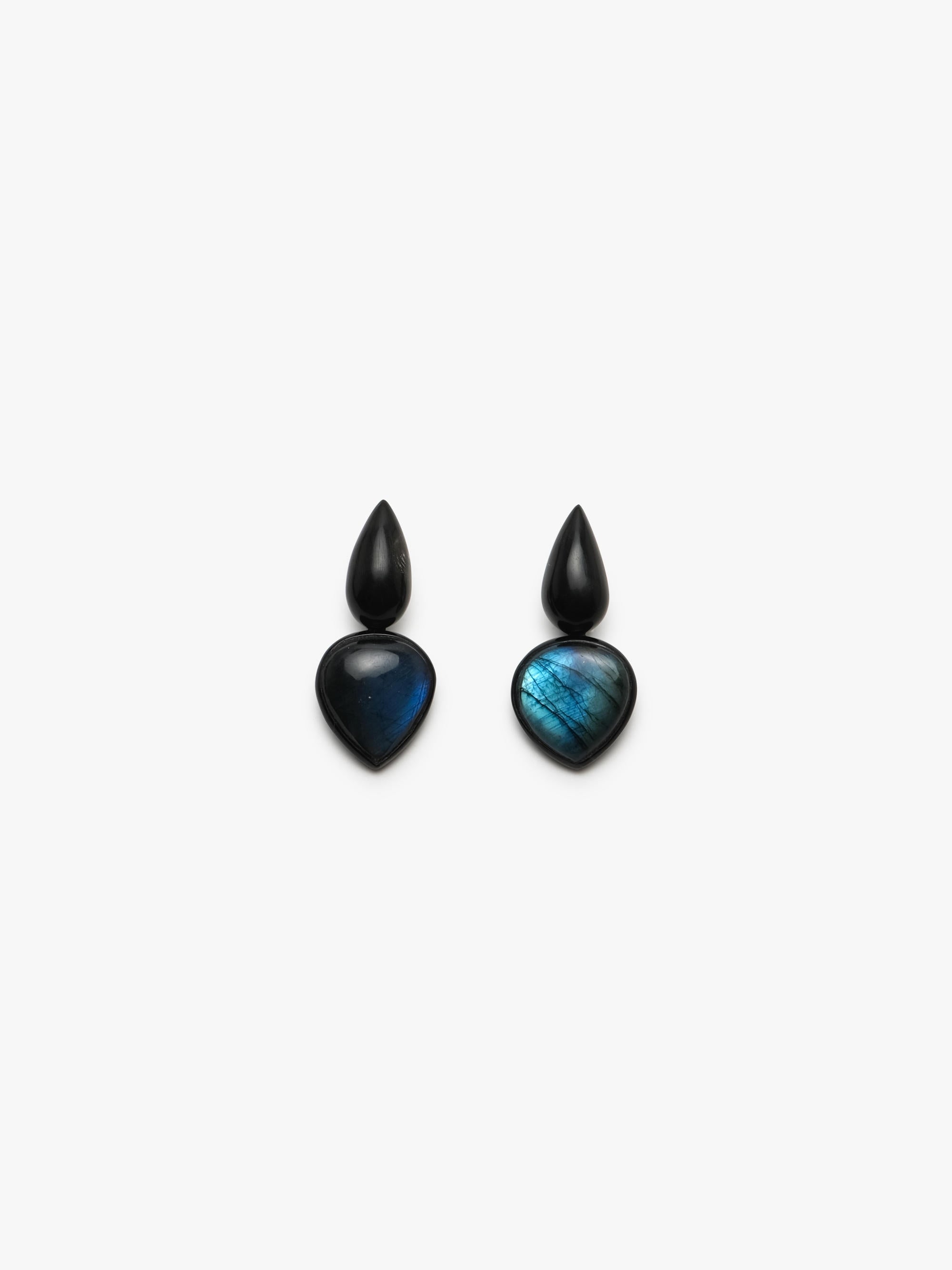Pair of earrings with black and blue stones on a white background