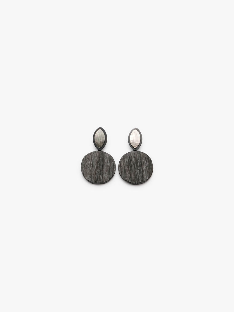 brown earrings with luminous shell details on a white background