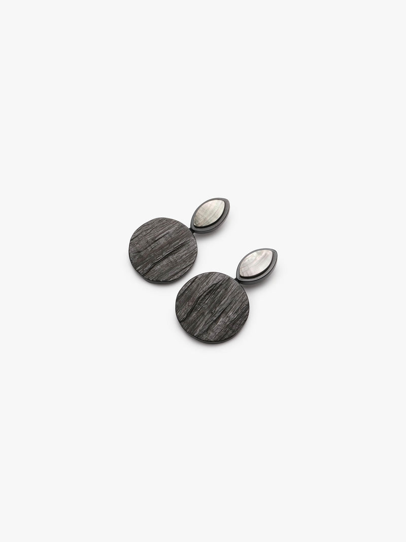 brown earrings with luminous shell details on a white background