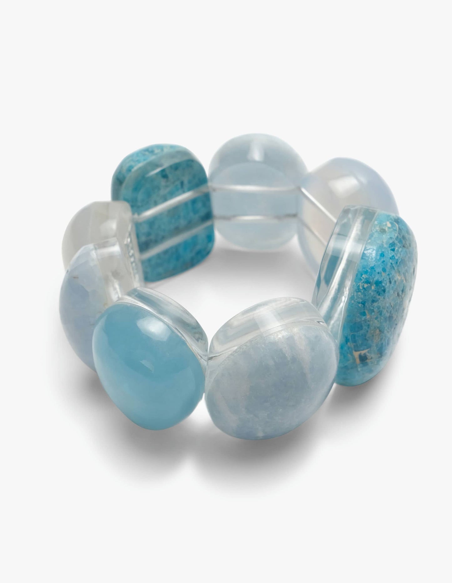 Bracelet: aquamarine, chalcedony, greencast acrylic, apatite