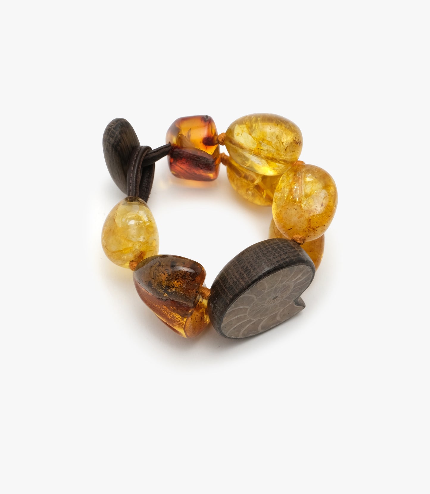 Bracelet: citrine, ammonite, bog oak, amber