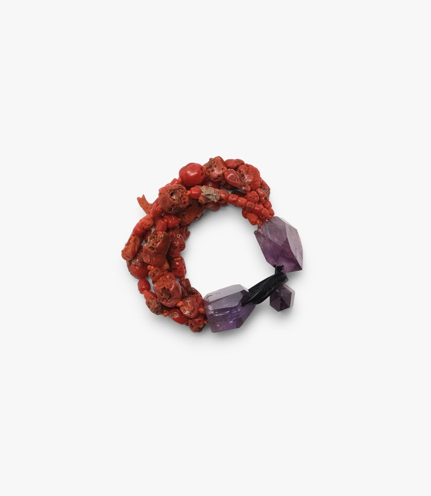 Bracelet: amethyst, coral, leather