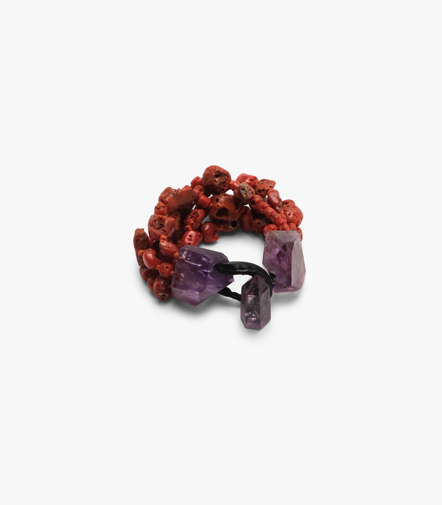 Bracelet: amethyst, coral, leather