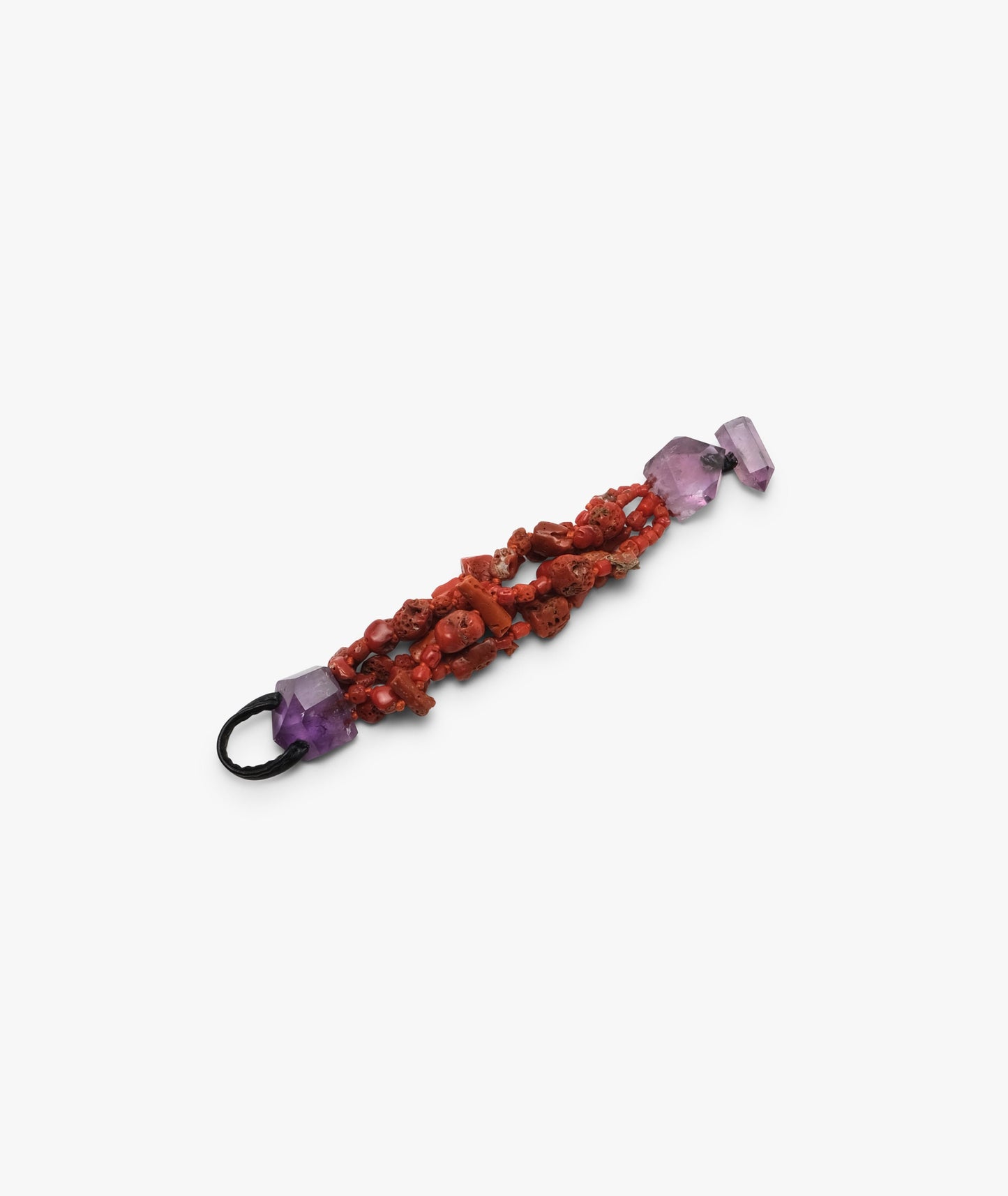 Bracelet: amethyst, coral, leather