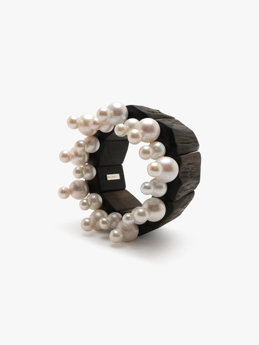 Bracelet: bog oak, freshwater pearls