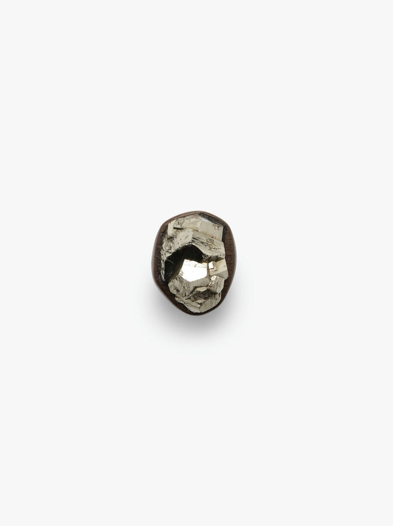 Ring with pyrite and bog oak on a white background