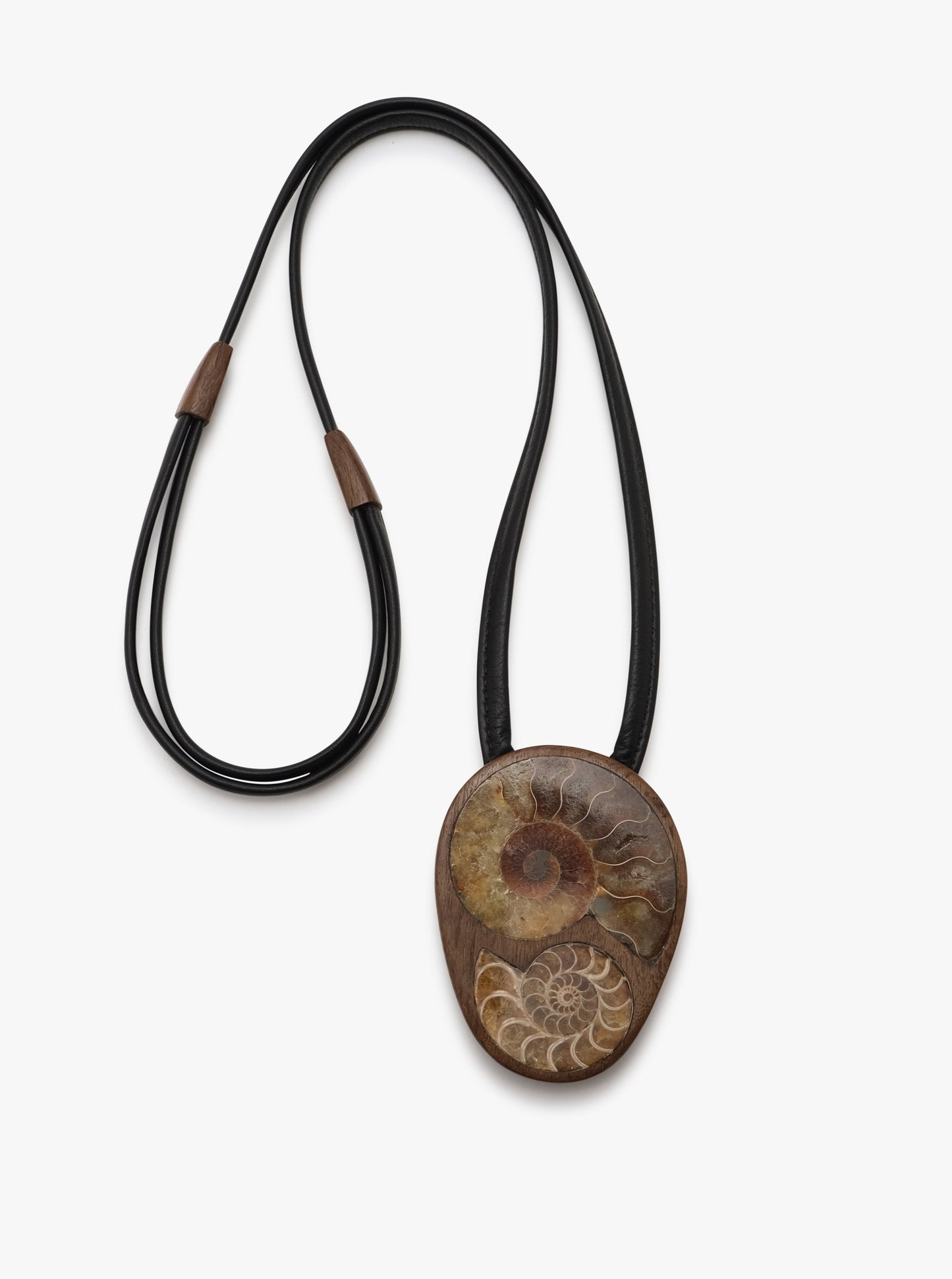 Pendant: bog oak, ammonite